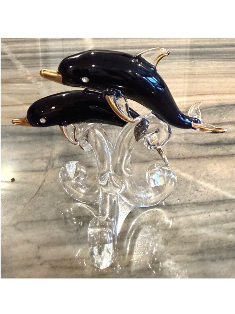 Two Dark Blue Jumping Glass Blown Dolphins on Clear Wave